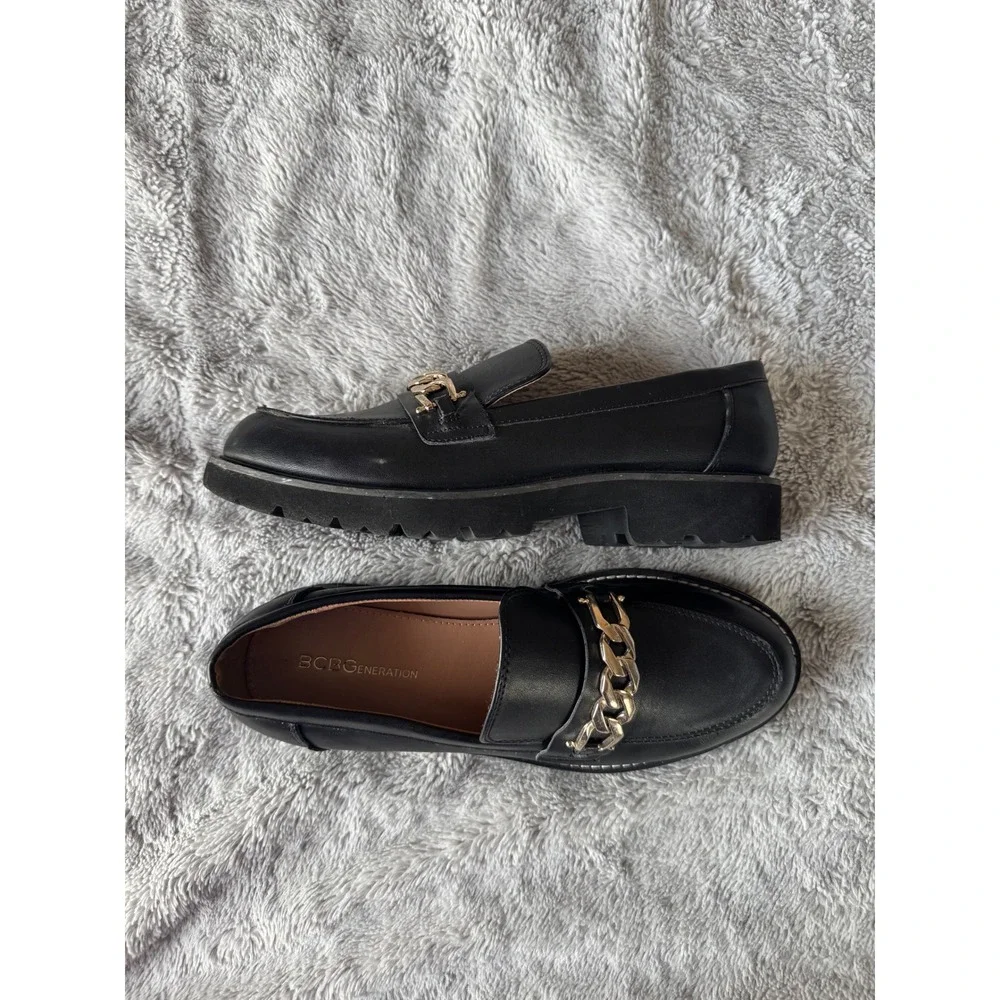 BCBGeneration Tinaa Black Lug Sole Loafers Chain Platform Chunky 9